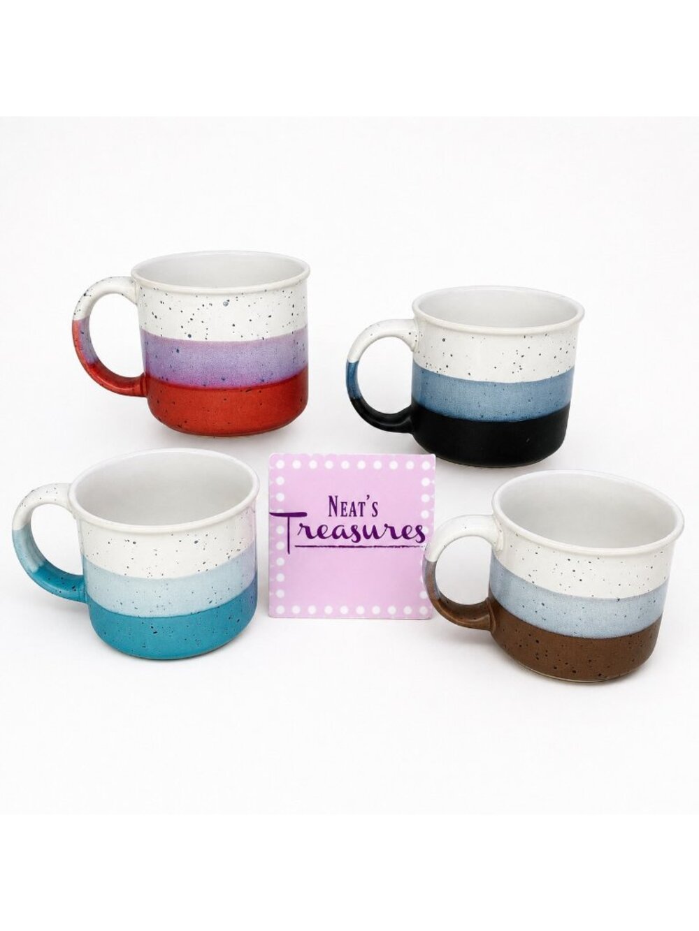 Cutiset MULTICOLORED STRIPES SPECKLED Large 15oz Handled Ceramic Cup Mugs Set 4